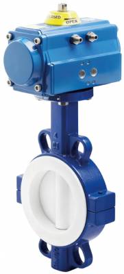 Robinet fluture, wafer, scaun PTFE, flanse ANSI 150 si PN 10/16, disc inox 316 + PTFE, act. pneumatic simpla actiune, 2&QUOT;