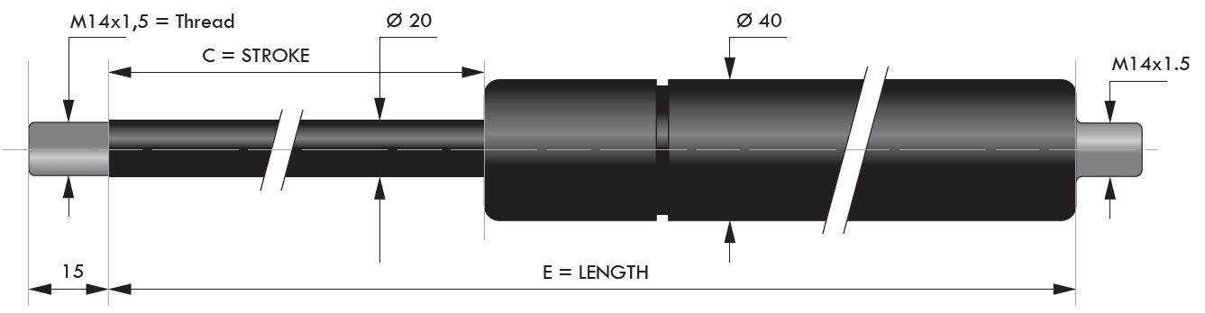 Arc cu gaz de compresie, capete filetate, valva, tija 20 mm (M14), cursa 150 mm, 5000N, L = 416 mm