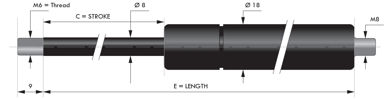 Arc cu gaz de compresie si capete filetate (M6-M8), tija 8 mm, cursa 210 mm, 680N, L = 455 mm