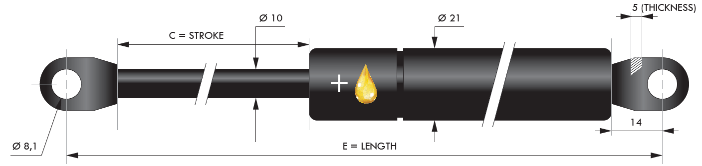 Arc cu gaz amortizat si ochi sudati, tija 10 mm, cursa 150 mm, 120N, L = 385 mm
