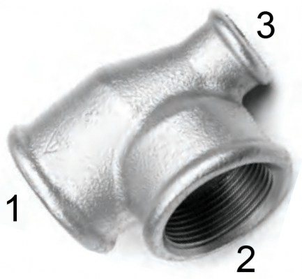 Conector T cu filete interioare Rp 1&QUOT;-Rp 1&QUOT;-Rp 3/4&QUOT;, din fonta maleabila