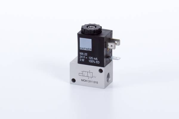 Distribuitor 3/2 electric, monostabil, montaj in linie tip MH, NO, porturi G 1/8 si M5, 50 l/min