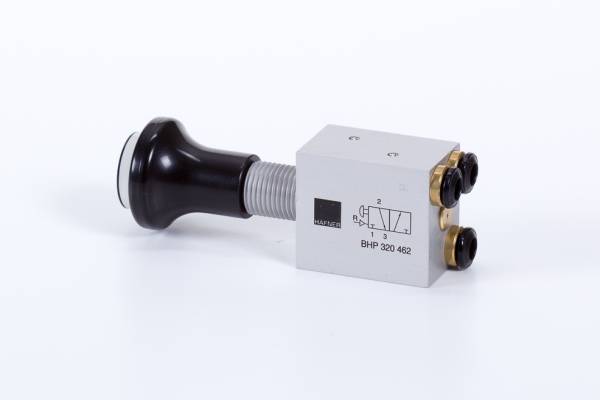 Distribuitor 3/2 cu buton, bistabil si resetare pneumatica