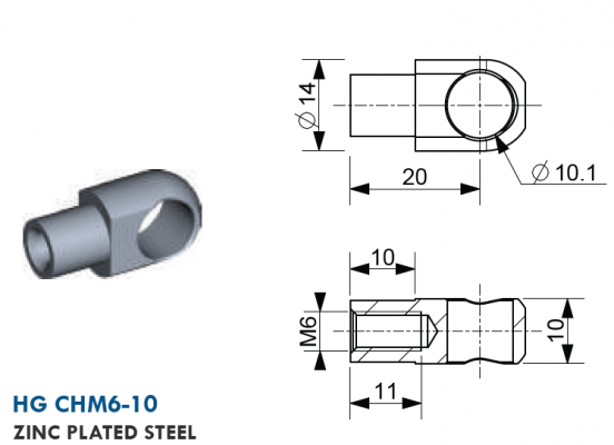 Ochi cu filet M6, Ø 10,1 mm, L=20 mm, grosime 10 mm, otel zincat