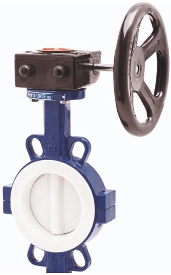 Robinet fluture tip wafer, fier ductil si PTFE, disc inox + PTFE, operare cu roata, flanse ANSI 150 si PN 10/16, 8&QUOT;