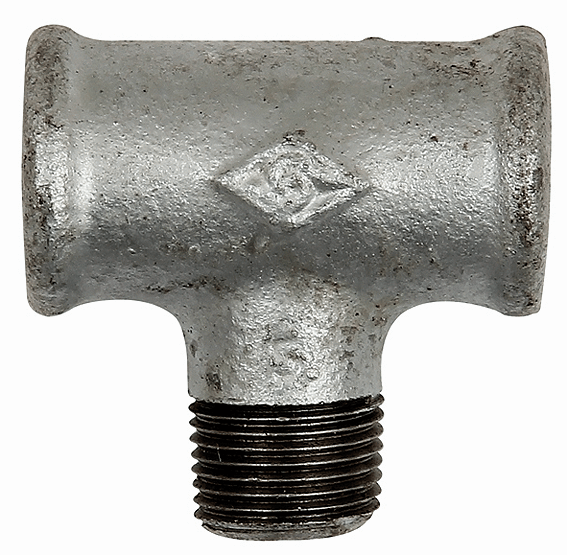 Conector T cu 2 filete interioare si un filet exterior, din fonta maleabila