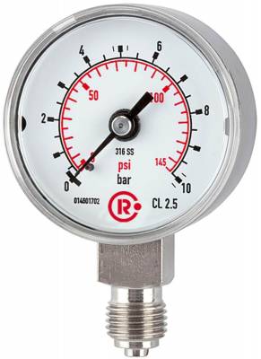 Manometru din otel CrNi, scala dubla 0-2,5 bar/ 0-36 psi, G 1/4 radial, Ø50 mm