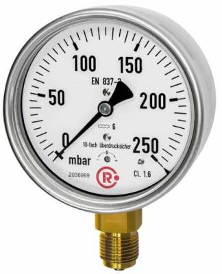Manometru capsulat, atac radial, carcasa din CrNi, 0 - 160 mbar, Ø 100 mm, G 1/2&QUOT;