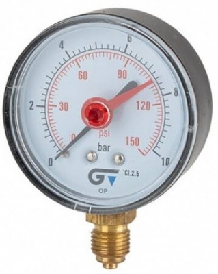 Manometru cu indicator rosu si scala dubla 0 - 10 bar/ 0 - 150 psi, atac radial G 3/8&QUOT;, Ø80