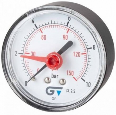 Manometru cu indicator rosu si scala dubla 0 - 10 bar/ 0 - 150 psi, atac axial G 1/4&QUOT;, Ø53