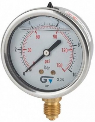 Manometru cu glicerina, inox / alama, 0 - 16 bar/ 0 - 240 psi, G 1/4&QUOT; radial, Ø63
