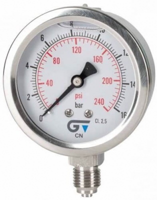 Manometru cu glicerina, complet inox, 0 - 4 bar / 0 - 60 psi, radial G 1/2&QUOT;, Ø100