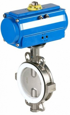 Robinet fluture inox, wafer, scaun PTFE, flanse ANSI150 / PN10/16, act. pneumatic simpla act, 2 1/2&QUOT;