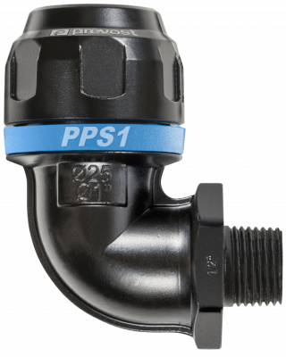 Cupla push-on L 90°, filet exterior, pentru teava