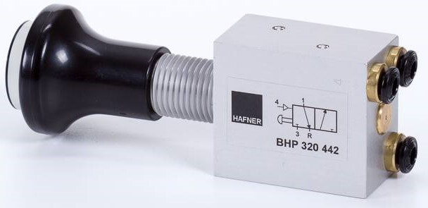 Distribuitor 3/2 cu buton, bistabil si resetare pneumatica