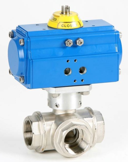 Robinet cu bila, 3 cai, tip T, filete int., act. pneumatic