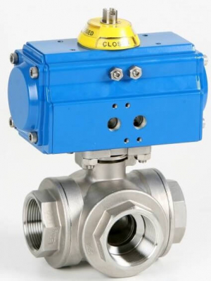 Robinet din inox cu bila, 3 cai, tip T, filete int. G 1/4, actuator pneumatic simpla actiune, PN 63