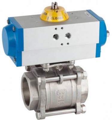 Robinet din inox cu bila, 3 piese, mufe sudabile 2&QUOT;, actuator pneumatic simpla actiune, PN 63