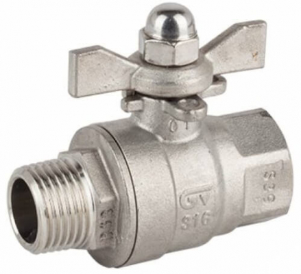 Robinet din inox cu bila, 2 piese, orificiu complet, f. int./ext. Rp 3/4&QUOT;, maneta fluture, PN 63