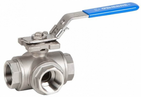 Robinet din inox cu bila, 3 cai, filete interioare Rp 3/8&QUOT;, maneta blocabila, tip L, PN 63