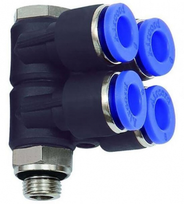 Ramificator L push-in cu 4 iesiri, filet cilindric exterior cu O-ring, standard, G 3/8&QUOT; - 12 mm