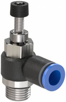 Drosel cu filet exterior M5 si cupla push-in 4 mm, reglaj cu surub, droselizare filet - furtun