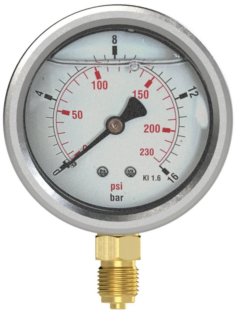 Manometru cu glicerina, inox / alama, 0 - 6 bar/ 0 - 85 psi, G 1/4&QUOT; radial, Ø63