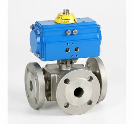 Robinet din inox cu bila, 3 cai, tip L, flanse PN 40, actuator pneumatic simpla actiune, 1 1/2&QUOT;