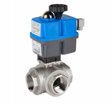Robinet din inox cu bila, 3 cai, tip L, actuator electric, filete G 3/4, PN 63