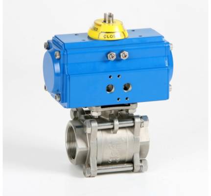 Robinet din inox cu bila, 3 piese, filete int. G 2, actuator pneumatic simpla actiune, PN 63