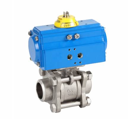 Robinet din inox cu bila, 3 piese, conex. sudabile 3/8&QUOT;, actuator pneumatic simpla actiune, PN 63