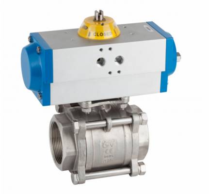 Robinet din inox cu bila, 3 piese, filete int. G 1 1/4, actuator pneumatic dubla actiune, PN 63