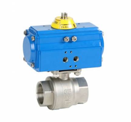 Robinet din inox cu bila, 2 piese, filete int. G 1 1/4, actuator pneumatic dubla actiune, PN 63