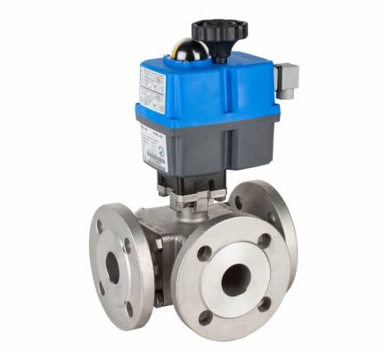 Robinet din inox cu bila, 3 cai, tip L, flanse PN 40, actuator electric, 1 1/2&QUOT;