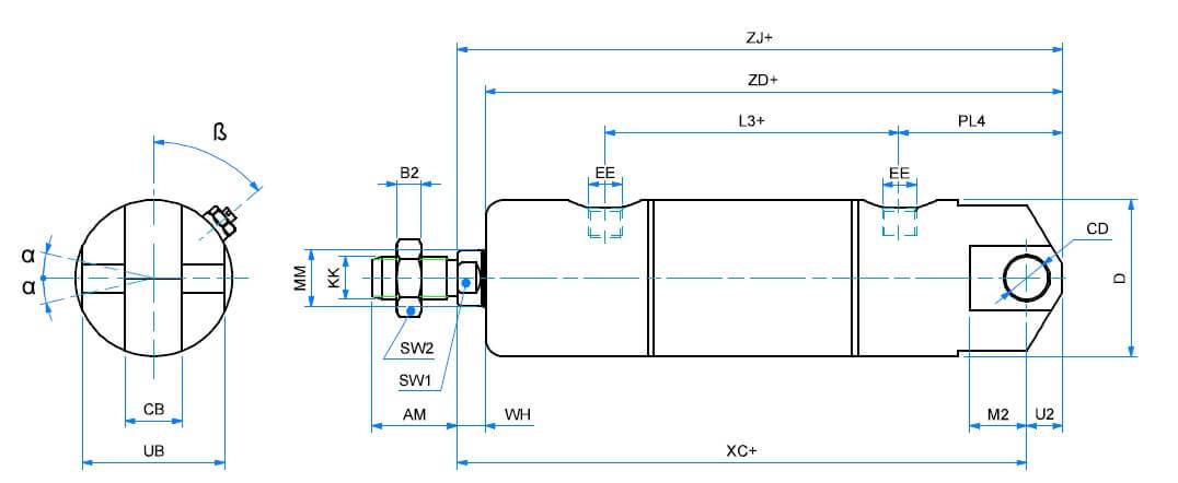 Cilindru rotund din INOX, dubla actiune, magnetic, cu amortizare si articulatie mama, Ø 63 mm, cursa 500 mm