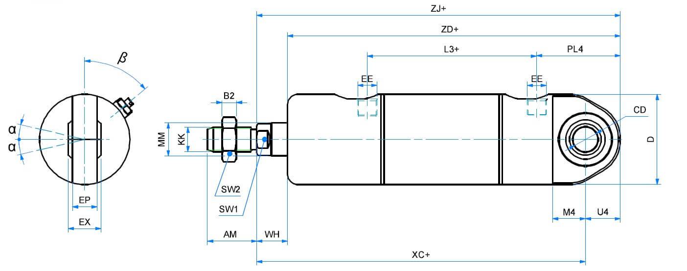 Cilindru rotund din INOX, dubla actiune, magnetic, cu amortizare si articulatie tata cu bila, Ø 32 mm, cursa 100 mm