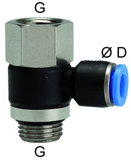 Cupla L rotativa cu 1 conexiune push-in 6mm si filet int./ext. M 5 cu O-ring, POM/alama