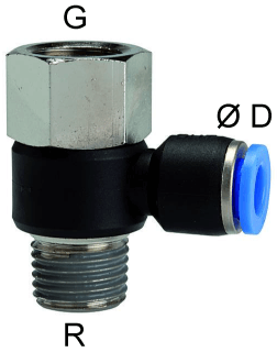 Cupla L rotativa cu 1 conexiune push-in 10mm si filet int. G 1/4&QUOT; / ext. R 1/4&QUOT;, POM/alama