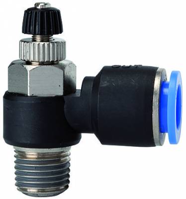 Drosel cu filet exterior R 1/4 si cupla push-in 10 mm, reglaj cu surub, droselizare filet - furtun