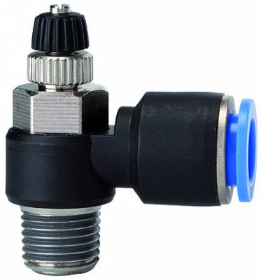 Drosel cu filet exterior R 3/8 si cupla push-in 8 mm, reglaj cu surub, droselizare furtun - filet