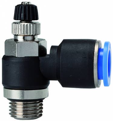 Drosel cu filet exterior G 3/8 si cupla push-in 8 mm, reglaj cu surub, droselizare furtun - filet
