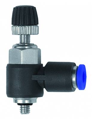 Mini drosel cu filet ext. M3 si cupla push-in 6 mm, reglaj cu surub, sens furtun - filet