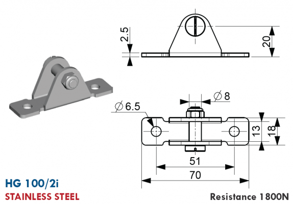 Suport tip U cu axa 8 mm, gauri prindere 6,5 mm, L = 70 mm, inox