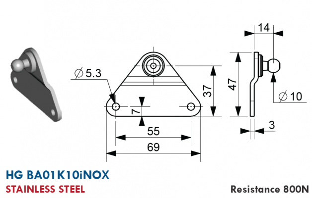 Suport plat cu bila 10 mm, gauri prindere 5,3 mm, L = 69 mm, inox