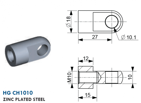 Ochi cu filet M10, Ø 10,1 mm, L=27 mm, grosime 10 mm, otel zincat