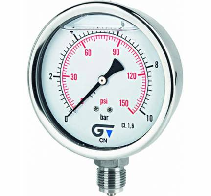 Manometru cu glicerina, complet inox, 0 - 10 bar / 0 - 150 psi, radial NPT 1/2&QUOT;, Ø100