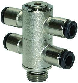Ramificator T push-in cu 4 iesiri, filet exterior cilindirc cu O-Ring, click-clock, M 5 - 6 mm