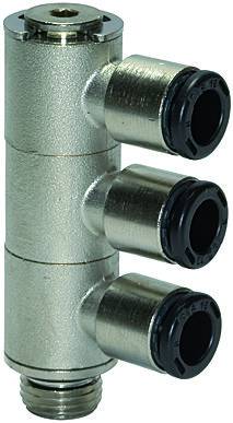 Ramificator L push-in cu 3 iecuri, filet exterior cilindric cu O-Ring, click-clock, G 1/4&QUOT; - 10 mm