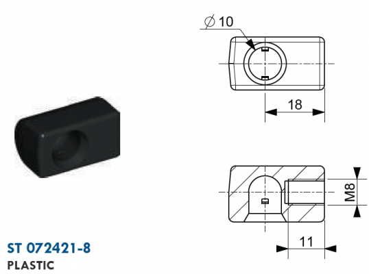 Mufa cu bila filet M8, bila 10 mm, L=18 mm, plastic
