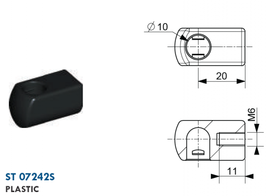 Mufa cu bila filet M6, bila 10 mm, L=20 mm, plastic